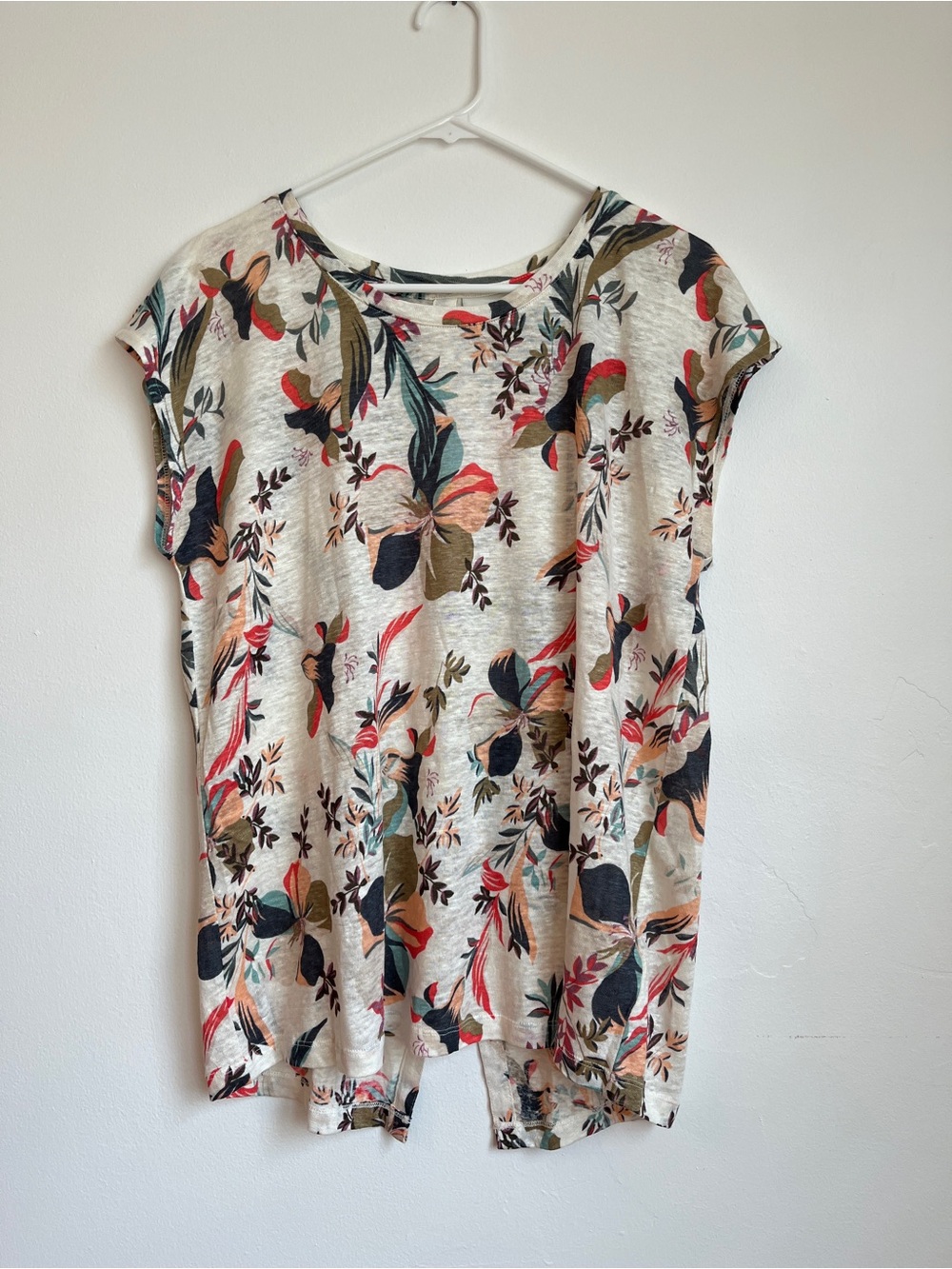 Rachel Zoe Linen Cream Floral Short Sleeve Blouse Tunic L with Back Buttons New